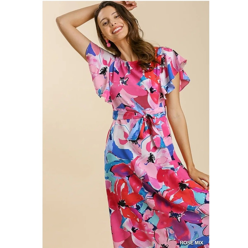 Rose Mix Floral Flutter Sleeve Midi Dress Pink Blue Abstract Print Belted A-Line